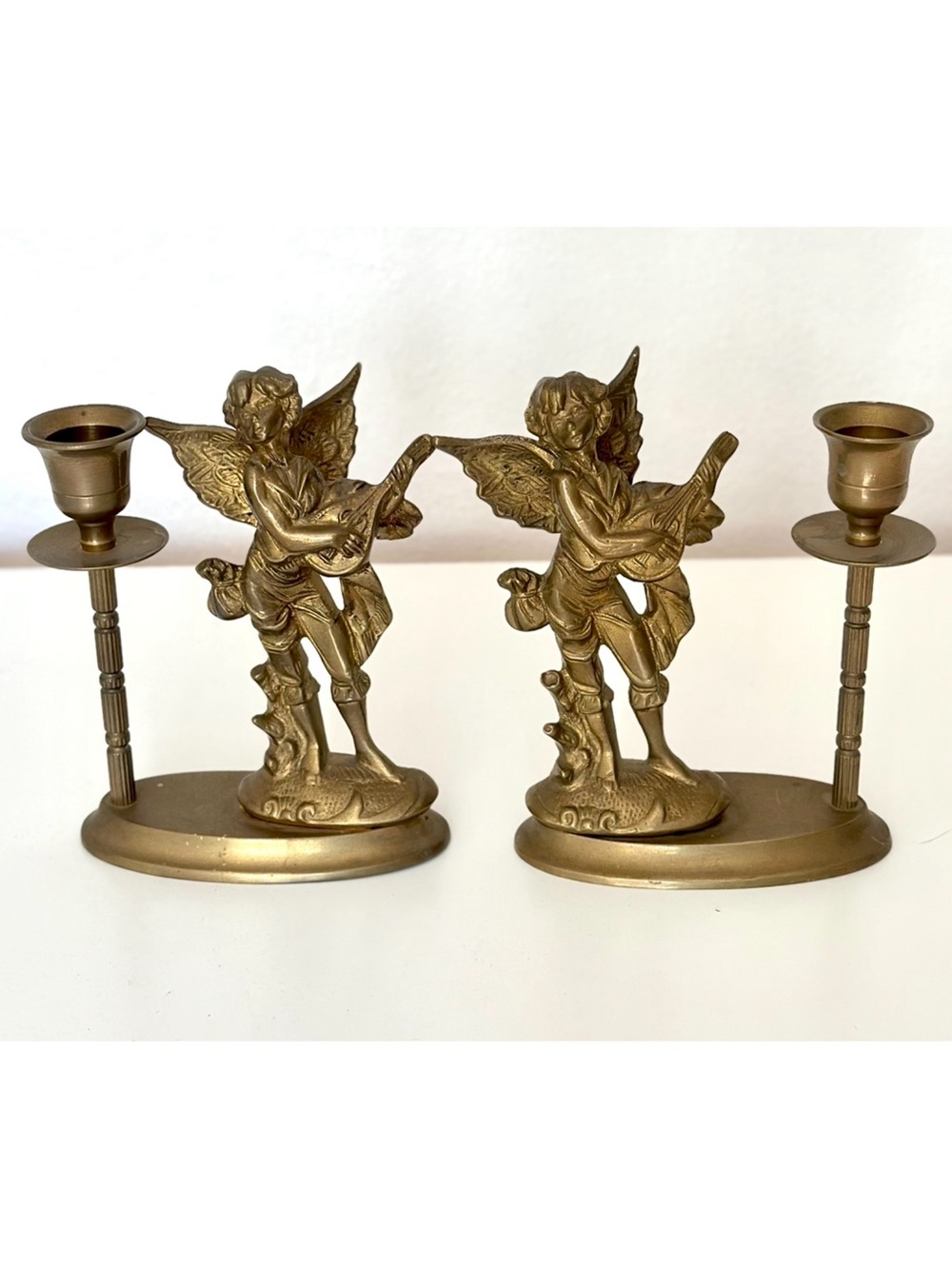 Vintage Brass Musical Cherub Angel Candlesticks Pair